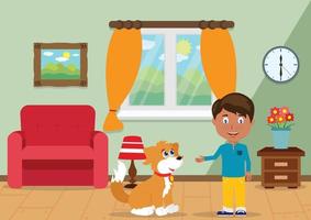 A cute dog and his owner. A boy playing with a dog in his room vector