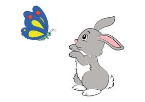 Cute cartoon bunny is playing with a butterfly. Vector Rabbit