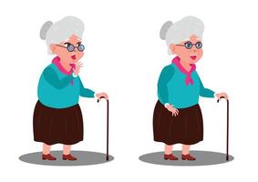 anciana en dos posiciones diferentes. abuela feliz y asustada vector