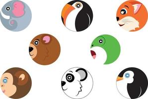 Set of round icon animals in flat mode. Monkey, Frog, Fox, elephant, Penguin, Bear vector