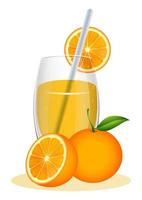 Glass of orange juice with a tube and orange with a slice isolated on white background. Vector illustration