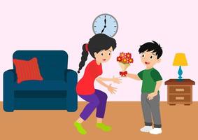 The child give his mother a bouquet of flowers vector