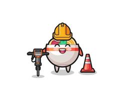 road worker mascot of noodle bowl holding drill machine vector