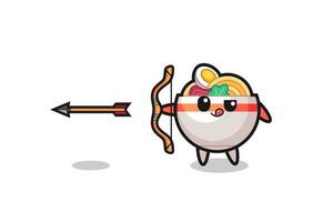 illustration of noodle bowl character doing archery vector