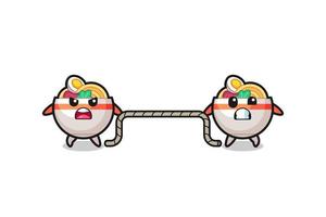 cute noodle bowl character is playing tug of war game vector