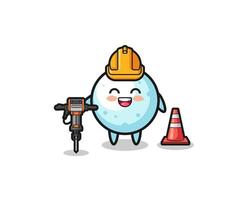 road worker mascot of snow ball holding drill machine vector