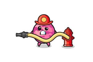 Dibujos animados de cuchara de helado como mascota de bombero con manguera de agua vector