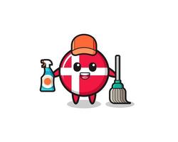 Lindo personaje de la bandera de Dinamarca como mascota de los servicios de limpieza vector
