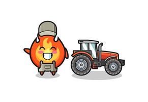 la mascota del granjero del fuego de pie junto a un tractor vector