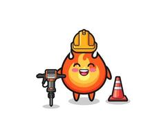 road worker mascot of fire holding drill machine vector