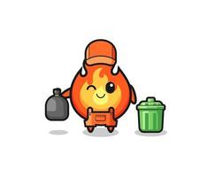 the mascot of cute fire as garbage collector vector
