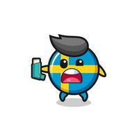 sweden flag mascot having asthma while holding the inhaler vector