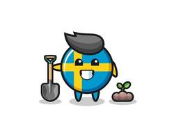 la linda caricatura de la bandera de suecia está plantando una semilla de árbol vector