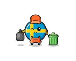 la mascota de la linda bandera de suecia como recolector de basura vector