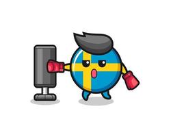 sweden flag boxer cartoon doing training with punching bag vector