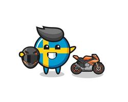 cute sweden flag cartoon as a motorcycle racer vector