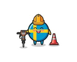 road worker mascot of sweden flag holding drill machine vector