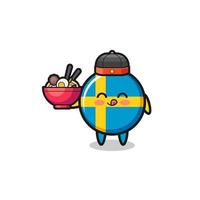 Bandera de Suecia como mascota del chef chino sosteniendo un cuenco de fideos vector
