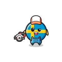 la mascota de la bandera de suecia carpintero sosteniendo una sierra circular vector