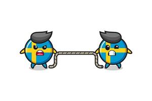 cute sweden flag character is playing tug of war game vector