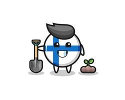 la linda caricatura de la bandera de finlandia está plantando una semilla de árbol vector