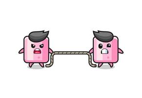 cute marshmallow character is playing tug of war game vector