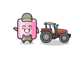 the marshmallow farmer mascot standing beside a tractor vector