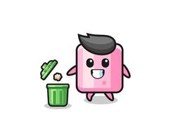 illustration of the marshmallow throwing garbage in the trash can vector