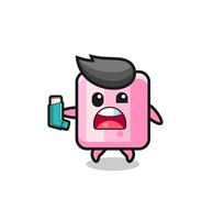 marshmallow mascot having asthma while holding the inhaler vector