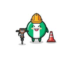 Mascota del trabajador de la carretera de la bandera de Nigeria sosteniendo la máquina perforadora vector