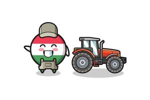 the hungary flag farmer mascot standing beside a tractor vector