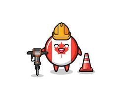 road worker mascot of canada flag holding drill machine vector