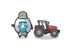 the rocket farmer mascot standing beside a tractor vector