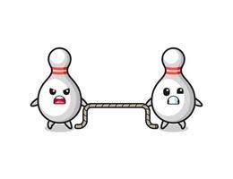 cute bowling pin character is playing tug of war game vector