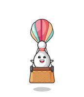bowling pin mascot riding a hot air balloon vector