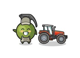 La mascota del granjero de granadas de pie junto a un tractor. vector