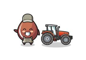 the chocolate drop farmer mascot standing beside a tractor vector