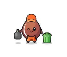 the mascot of cute chocolate drop as garbage collector vector