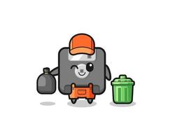 the mascot of cute floppy disk as garbage collector vector