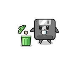 illustration of the floppy disk throwing garbage in the trash can vector