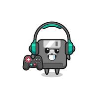 Mascota de jugador de disquete sosteniendo un controlador de juego vector