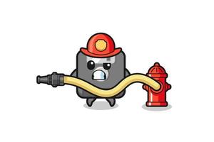 floppy disk cartoon as firefighter mascot with water hose vector