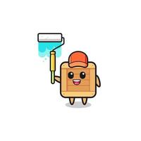 the wooden box painter mascot with a paint roller vector