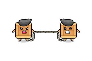 cute wooden box character is playing tug of war game vector