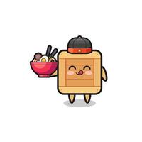 caja de madera como mascota chef chino sosteniendo un cuenco de fideos vector