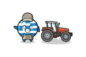 la mascota del granjero de grecia de pie junto a un tractor vector