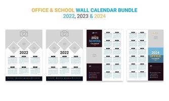 Wall calendar design 2022, 2023 and 2024 bundle template vector