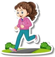 Cartoon character sticker with a girl jogging on white background vector