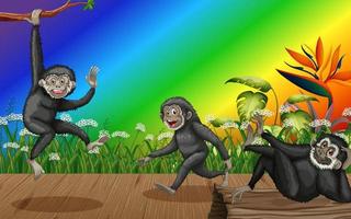 Gibbons in the forest on gradient rainbow background vector