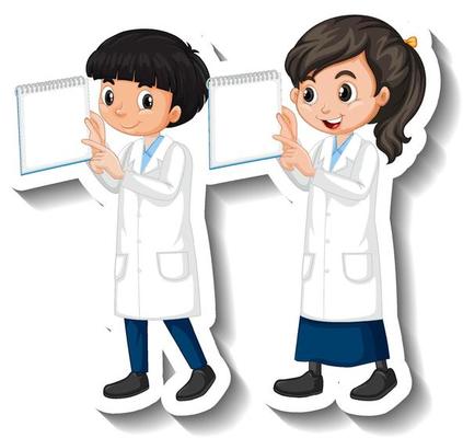 Scientist couple kids holding board empty cartoon character sticker